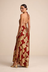 Brinley Rust and Gold Floral Jacquard Halter Maxi Dress