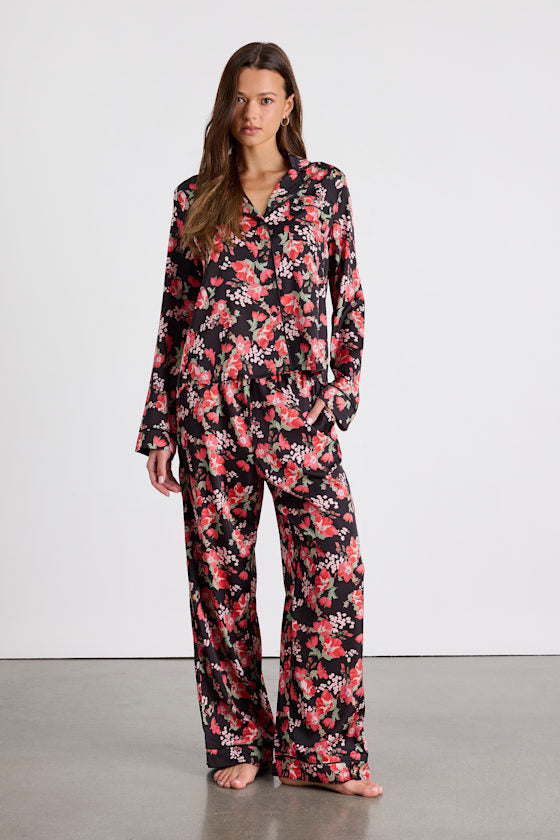 Galette Black Multi Floral Satin Two-Piece Pajama Set