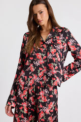 Galette Black Multi Floral Satin Two-Piece Pajama Set