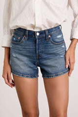 501 Curve Dark Wash Denim Distressed Shorts
