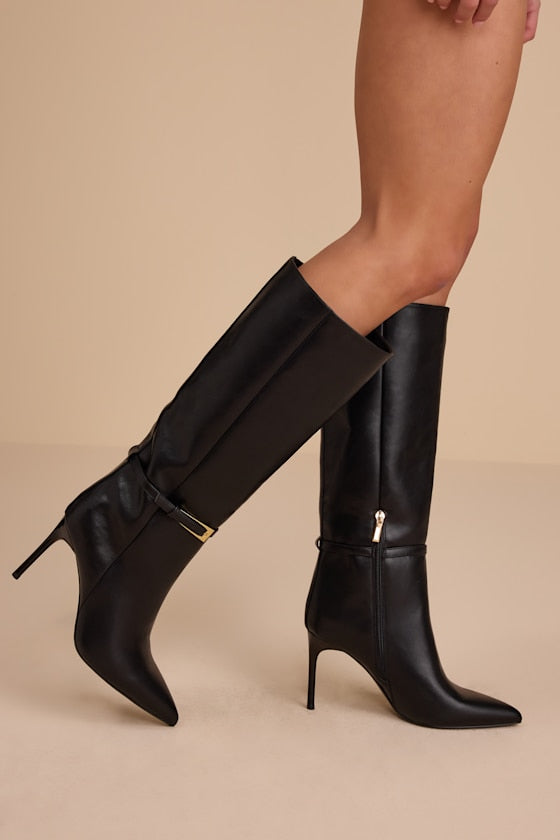 Cadee Black Stiletto Knee-High Buckle Boots