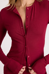 Rimsley Wine Red Ribbed Knit Button-Up Top