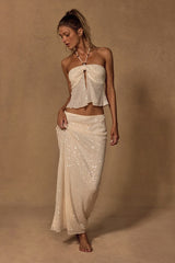 Malita Cream Crochet Sequin Low-Rise Maxi Skirt