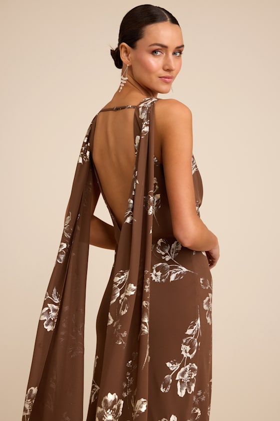Sidonia Brown and Gold Floral Cowl Sash Maxi Dress