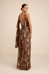 Sidonia Brown and Gold Floral Cowl Sash Maxi Dress