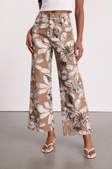 Venesse Light Brown Floral Twill Wide-Leg Pants