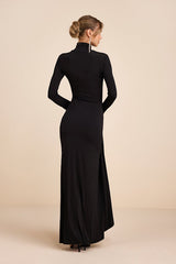Tassana Black Jersey Knit Mock Neck Maxi Dress