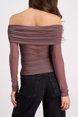 Good Times Brown Mesh Off-the-Shoulder Long Sleeve Top