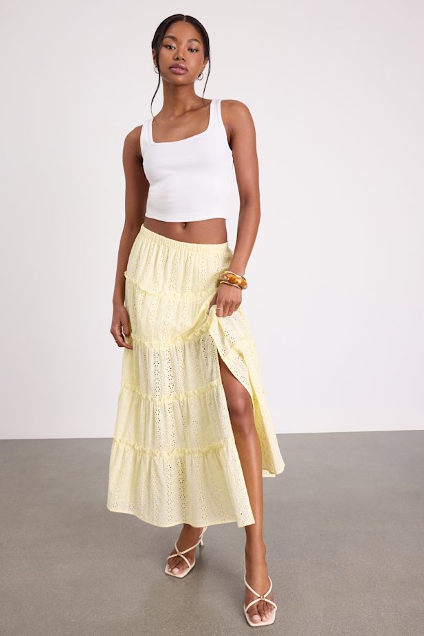 Cherish Light Yellow Eyelet Embroidered Tiered Maxi Skirt