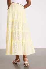 Cherish Light Yellow Eyelet Embroidered Tiered Maxi Skirt