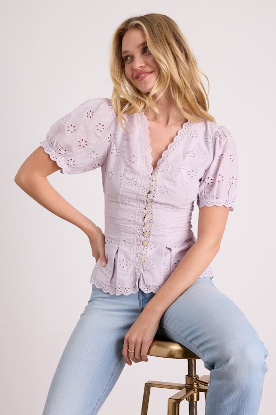Briar Lavender Eyelet Embroidered Button-Front Top
