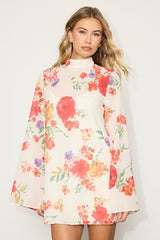 Perfected Charm Ivory Multi Floral Bell Sleeve Mini Shift Dress