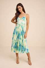 Francette Yellow Floral Satin Pleated Midi Dress