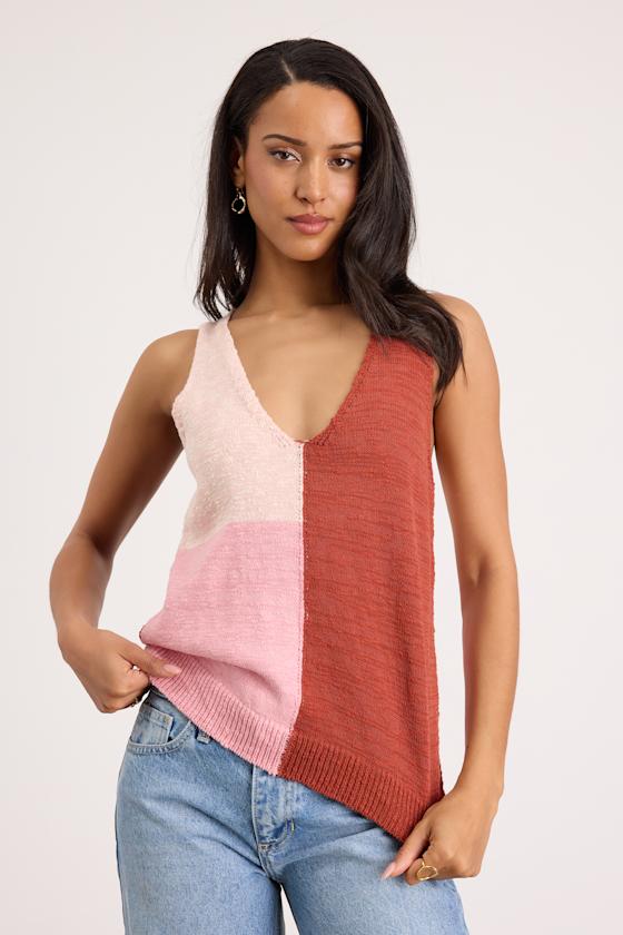 Modern Look Pink and Rust Color Block Sweater Knit Tank Top