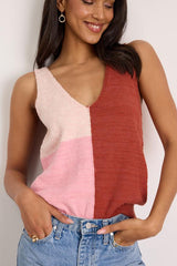 Modern Look Pink and Rust Color Block Sweater Knit Tank Top