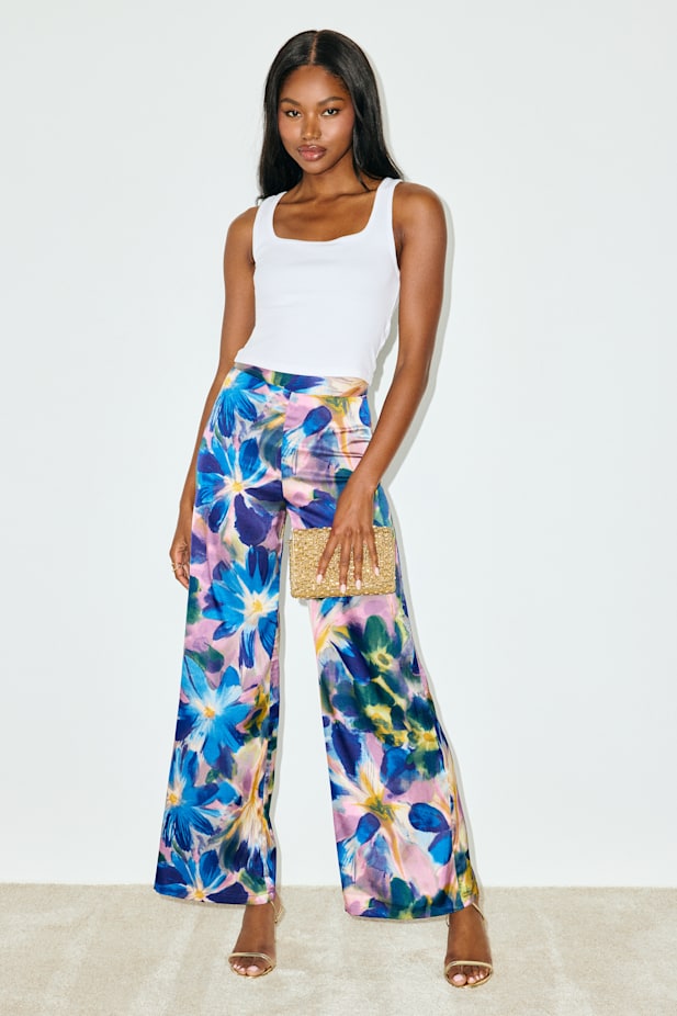 Thriving Vibes Blue Floral Print Satin Wide-Leg Pants