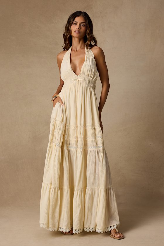 Annie Cream Halter Tiered Maxi Dress