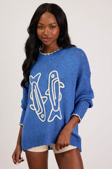 Montauk Blue Embroidered Pullover Sweater