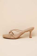 Valicia Camel Strappy Gold Bead High Heel Sandals
