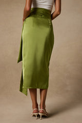 Take A Walk With Me Green Satin Wrap Midi Skirt