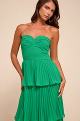 Seriously Sensational Green Strapless Tiered Midi Dress