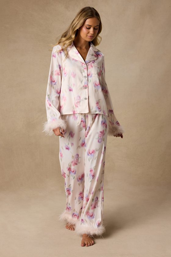 Dreamiest Delight Floral Satin Feather Two-Piece Pajama Set