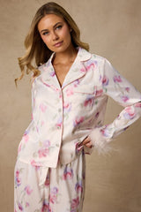 Dreamiest Delight Floral Satin Feather Two-Piece Pajama Set