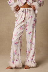 Dreamiest Delight Floral Satin Feather Two-Piece Pajama Set