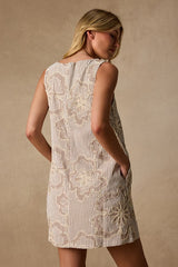 Francisca White and Brown Striped Embroidered Mini Dress