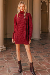 Cuddle Up Close Burgundy Cable Knit Turtleneck Sweater Dress
