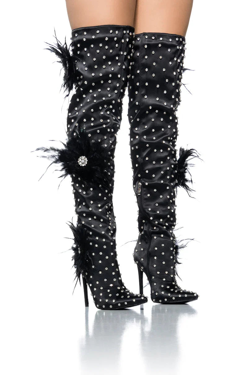 Azalea Wang Taryn Black Satin Feather Flower Thigh High Boot