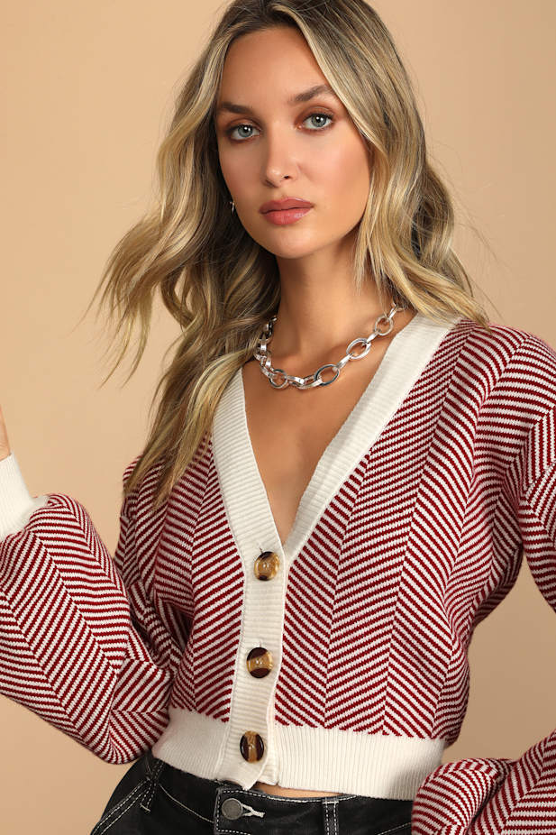 Here Comes a Holiday Red and White Striped Button-Up Cardigan