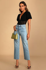 Properly Trendy Black Mesh Puff Sleeve Bodysuit