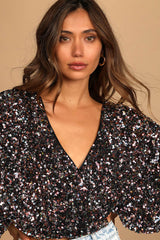 Keep Dazzling Pink Multi Sequin Long Sleeve Crop Top