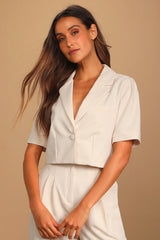 Posh Company Ivory Cropped Short Sleeve Blazer