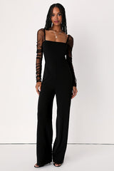 Made to Amaze Black Dotted Mesh Long Sleeve Jumpsuit