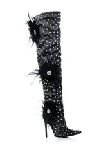 Azalea Wang Taryn Black Satin Feather Flower Thigh High Boot