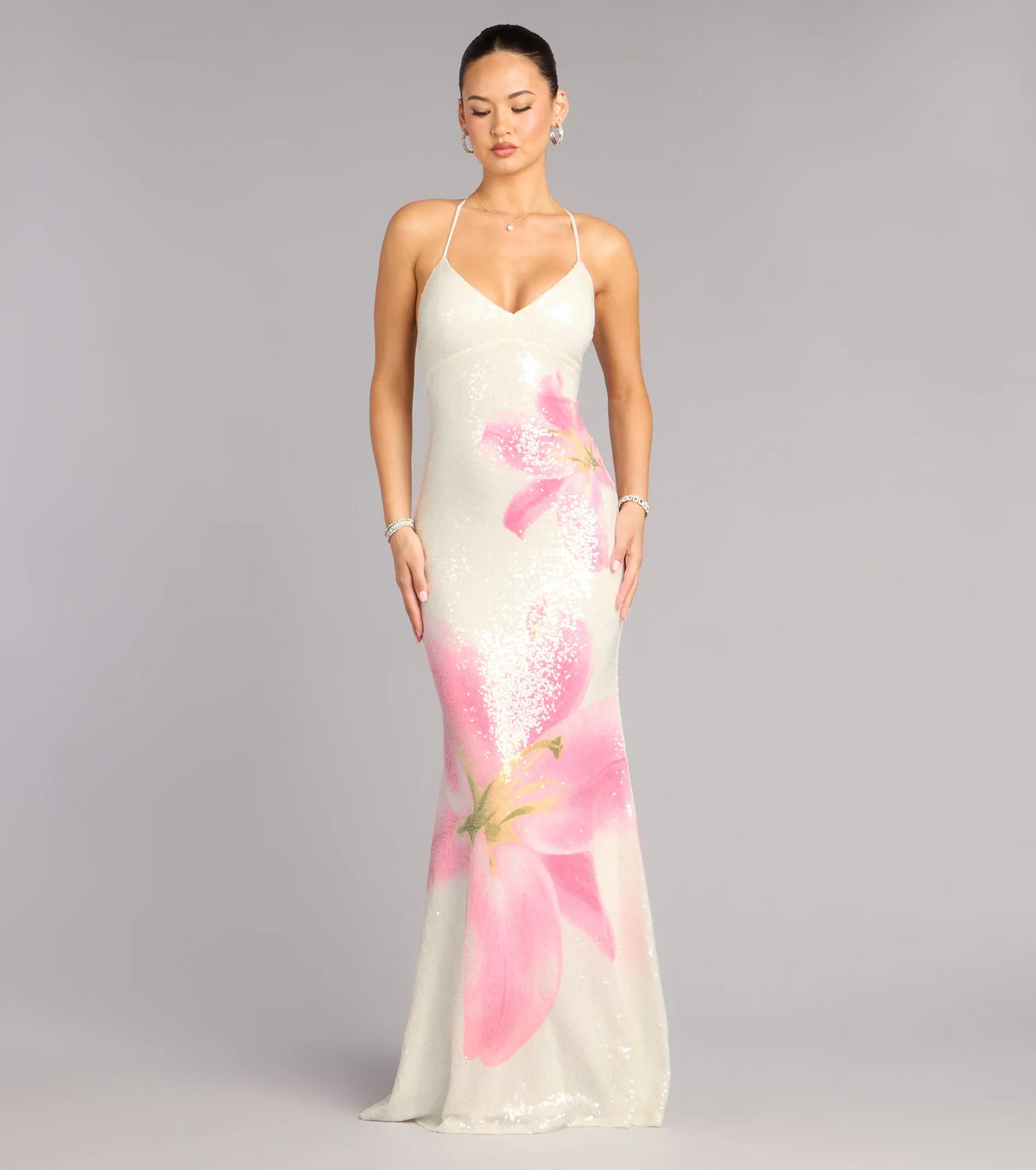 Maia Floral Print Sequin Mermaid Dress